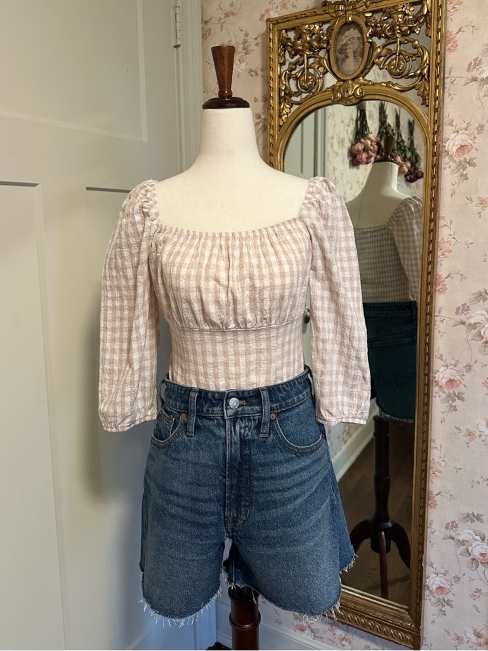 Gingham Top BCX Puff Ruched Blouse White & Tan Medium M Cotton